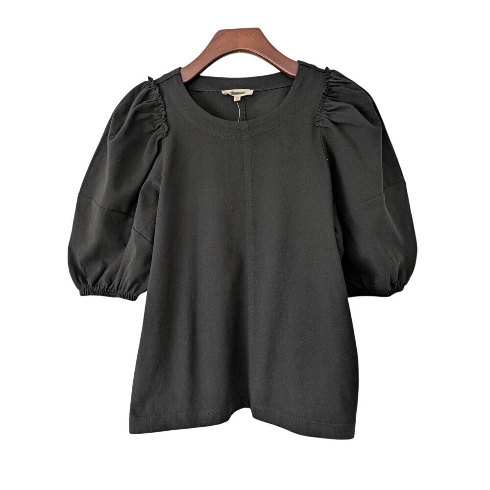 Madewell Puff Sleeve Top Black Short Sleeve Crew Neck Tee Size S NWT NT331